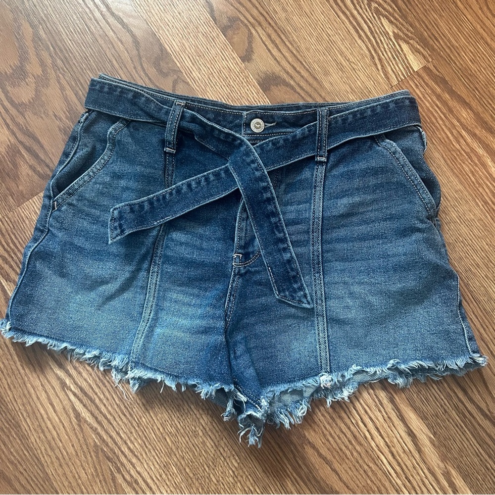 Hollister Blue Jean High Rise Shorts with Belt and Frayed Hem